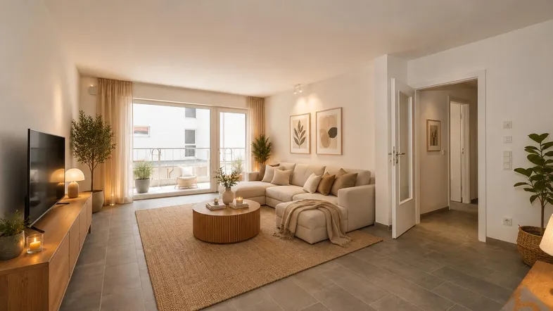 Helles Wohnzimmer mit modernem Sofa, Fliesenboden und Zugang zu einem Balkon oder einer Terrasse.