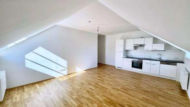 Geräumiger offener Wohnbereich mit integrierter Küche, Holzboden und viel natürlichem Licht.