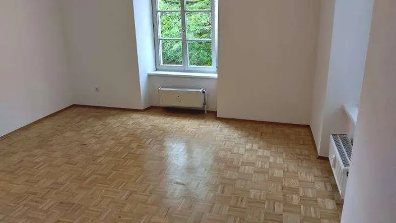 Helles Zimmer mit Parkettboden, weißen Wänden und Blick ins Grüne durch das Fenster.