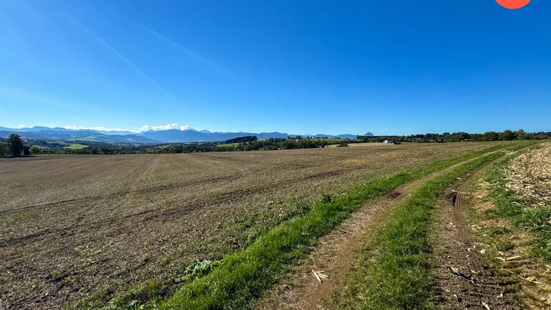 Blick über weite, abgeerntete Felder mit einem Feldweg, im Hintergrund sind Berge und eine Siedlung zu erkennen.