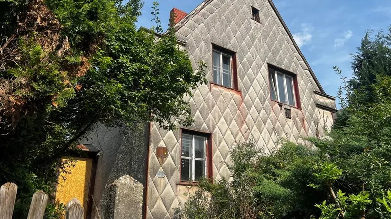 Altes Haus mit rautenförmiger Fassadenverkleidung und verwildertem Gartenbereich, umgeben von Bäumen.