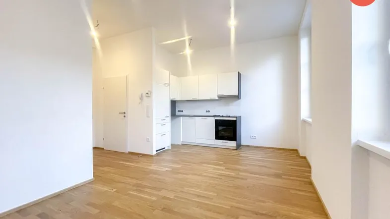 Helles Zimmer mit integrierter Küchenzeile und modernem Parkettboden, ideal für offenes Wohnen.
