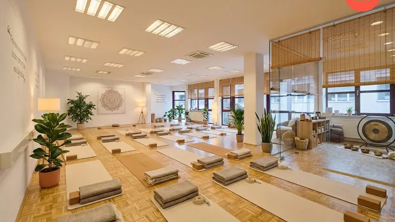 Geräumiges Yoga-Studio mit Holzboden, vielen Yogamatten und Pflanzen, gut beleuchtet durch Deckenleuchten.
