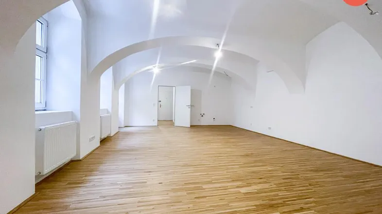 Geräumiger, heller Raum mit Gewölbedecke und neuem Parkettboden, ideal für Wohnen oder Büro.