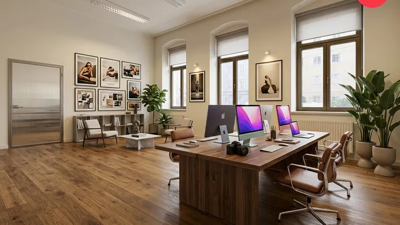 Modernes Büro mit Holzboden, großem Schreibtisch, Computern und Pflanzen, hell durch große Fenster.