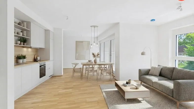 Heller, offener Wohn- und Essbereich mit integrierter Küche und modernem Design.