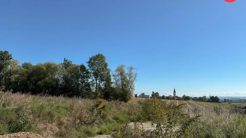 Ländliche Landschaft mit Feldern, Bäumen und einem Dorf in der Ferne unter blauem Himmel.