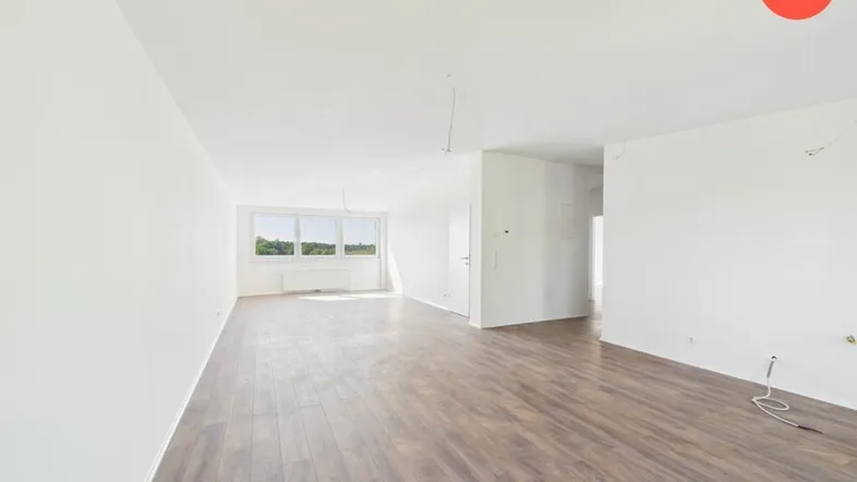 Heller, leerer Raum mit Laminatboden und großen Fenstern, ideal als Wohnzimmer nutzbar.