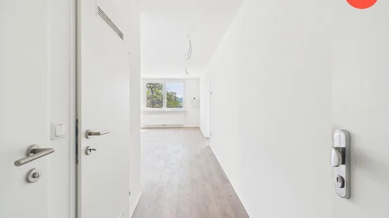 Heller Eingangsbereich mit Holzboden und Blick in einen weiteren Raum mit Fenster.