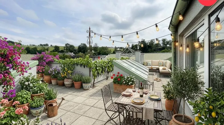 Geräumige Dachterrasse mit Essbereich, Lounge-Möbeln und üppiger Bepflanzung unter blauem Himmel.