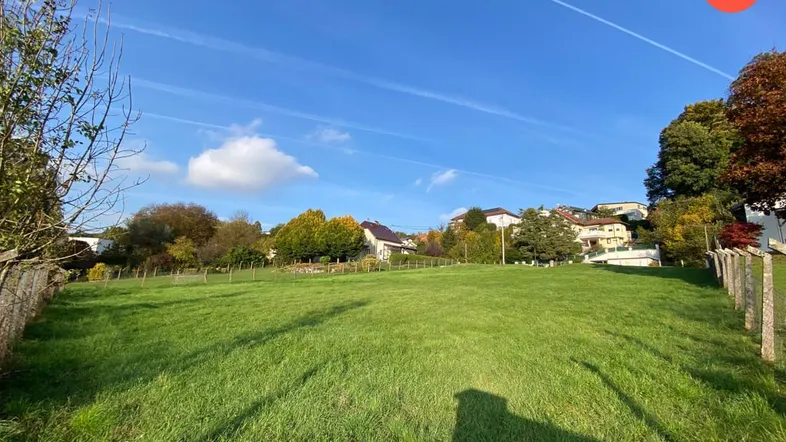 Weitläufige grüne Wiese mit Blick auf umliegende Häuser und herbstliche Bäume unter blauem Himmel.
