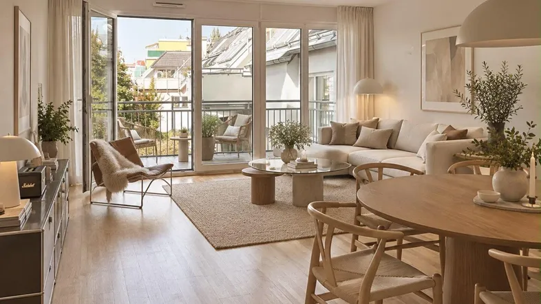 Helles Wohn- und Esszimmer mit Holzboden, modernen Möbeln und Zugang zum Balkon.