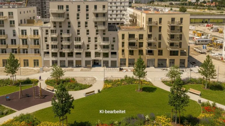 Übersicht über die moderne Wohnanlage mit begrünten Freiflächen und Kinderspielplatz.
