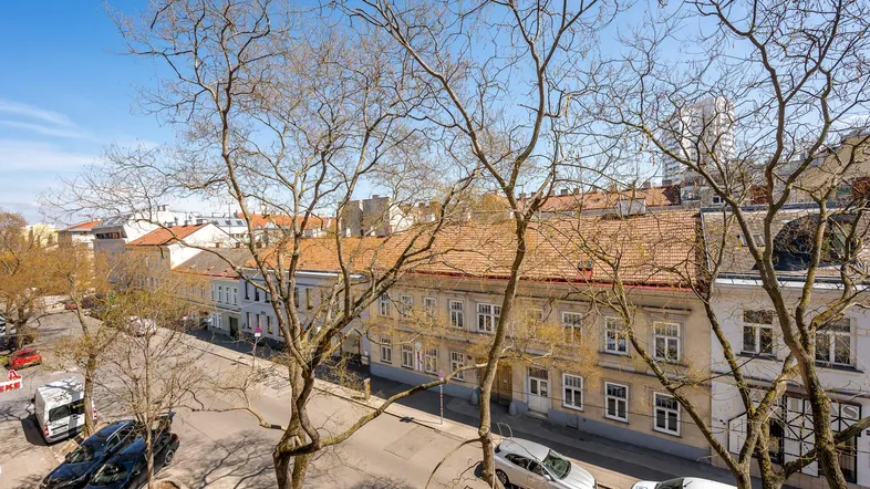 Blick von oben auf eine belebte Straße mit historischen Gebäuden und parkenden Autos unter kahlen Bäumen.