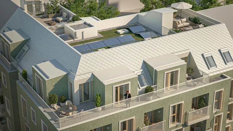 Dachaufsicht des modernen Wohngebäudes mit möblierter Dachterrasse und Photovoltaikanlage.