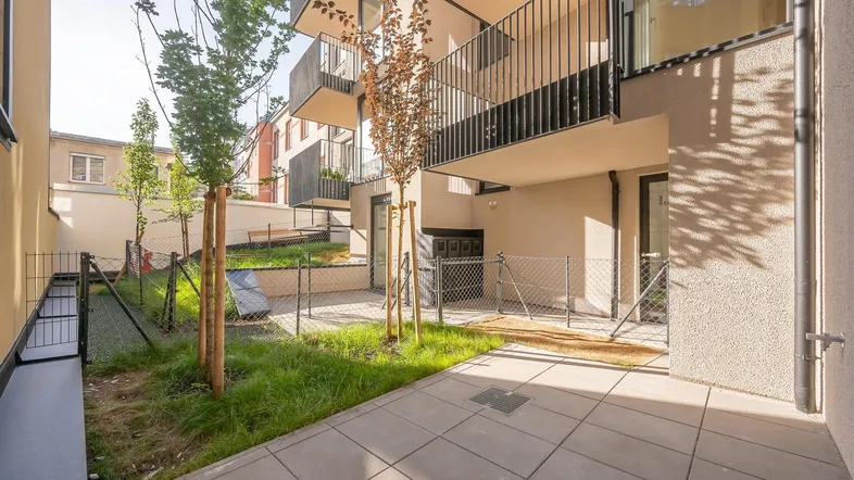 Gepflasterte Terrasse im Erdgeschoss mit junger Bepflanzung und Zugang zum Gebäude.