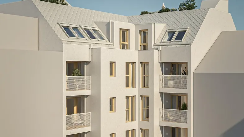 Rendering der modernen Fassade eines Wohngebäudes mit Balkonen und Dachfenstern.