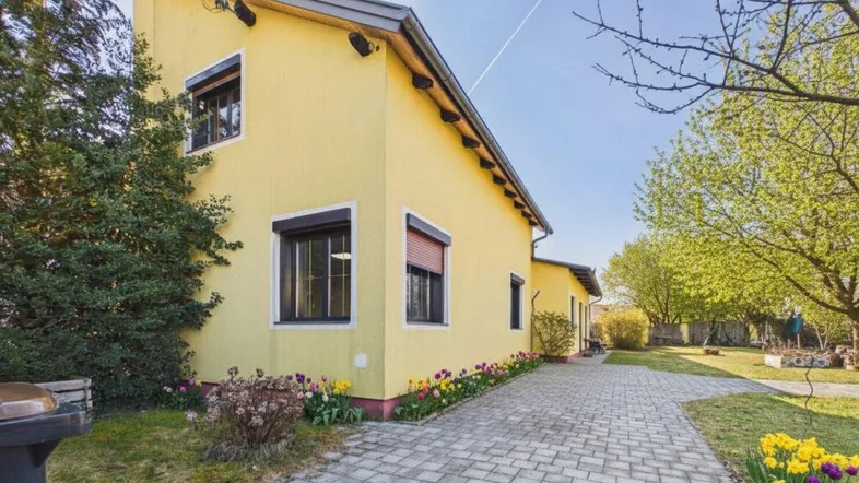 Gelbes Einfamilienhaus mit gepflasterter Auffahrt und grüner Bepflanzung im Vorgarten.