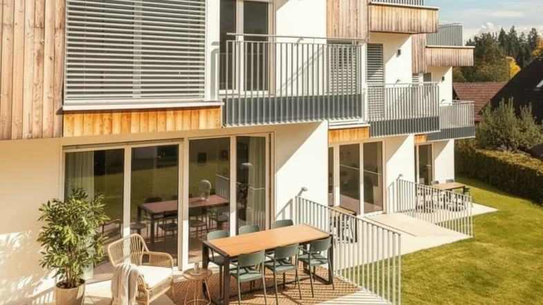 Moderne Wohnanlage mit mehreren Terrassen und Zugang zum grünen Gartenbereich.