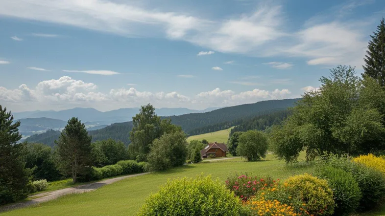 Weitläufiger Blick über grüne Hügel und Wälder mit einem Haus in der Ferne unter blauem Himmel.