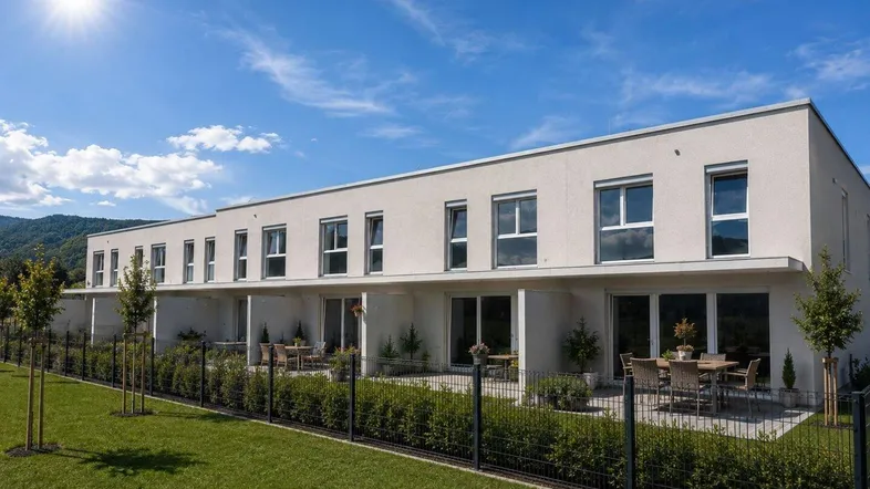 Moderne Reihenhäuser mit privaten Terrassen und Gärten unter strahlendem Sonnenschein.