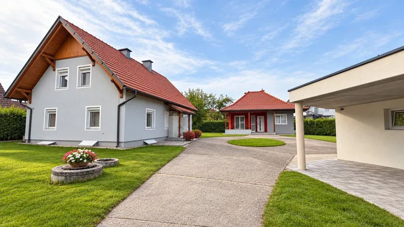 Mehrere Einfamilienhäuser mit gepflegtem Vorgarten und Zufahrt unter blauem Himmel.