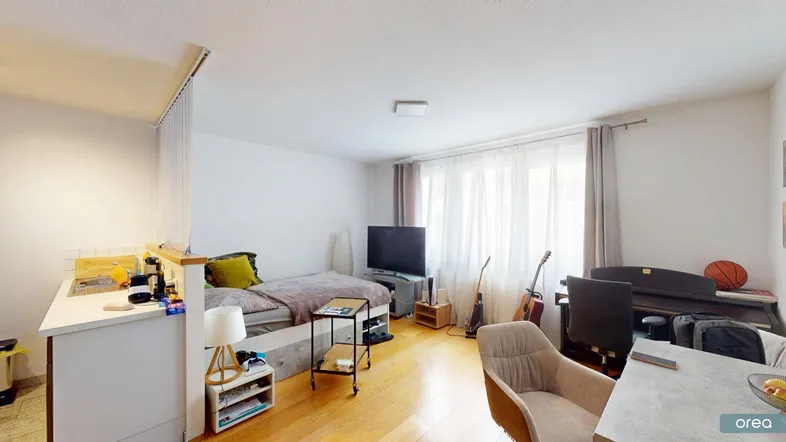Helles Studio-Apartment mit Schlafbereich, Schreibtisch und kleiner Küchenzeile in offenem Design.