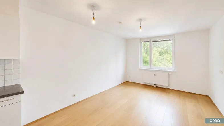Helles Wohnzimmer mit Parkettboden und einem großen Fenster, das viel Tageslicht hereinlässt.