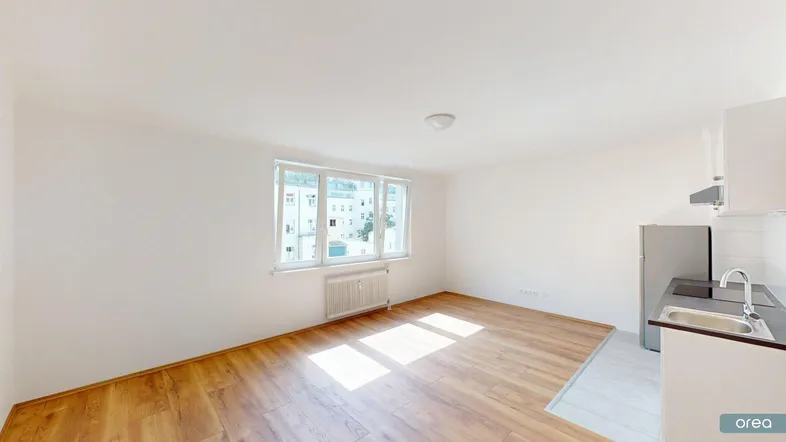 Helles Wohnzimmer mit Holzboden, großen Fenstern und integrierter Küchenzeile, die viel Tageslicht hereinlässt.