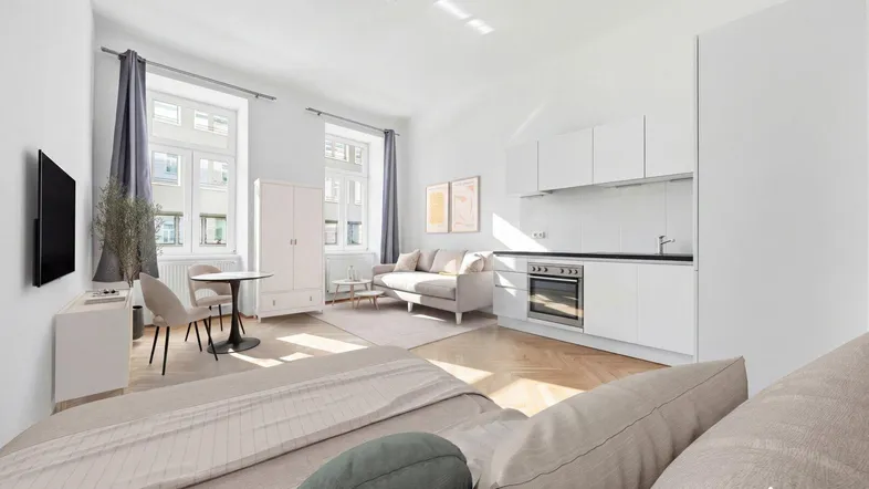 Helles Studio-Apartment mit integrierter Küchenzeile, Essbereich und Schlafbereich, modern eingerichtet.