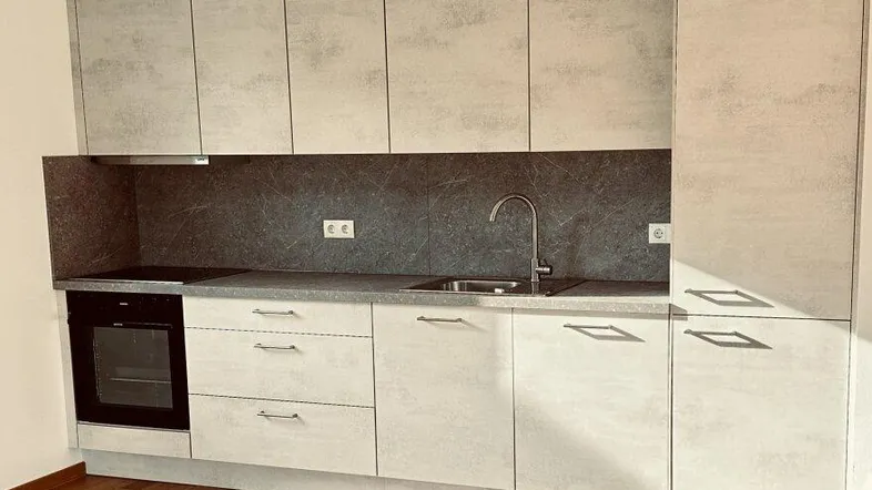 Moderne Einbauküche mit grauen Fronten, integriertem Backofen und hellem Holzfußboden.