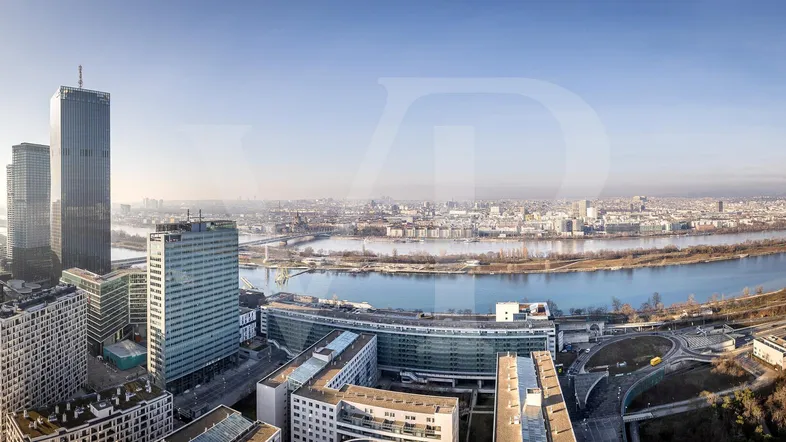 Panoramablick über die Stadt mit Fluss, modernen Hochhäusern und weitläufiger Bebauung.