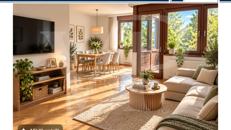 Helles, KI-generiertes Wohn-Esszimmer mit Parkettboden, modernen Möbeln und großen Fenstern zum Grünen.