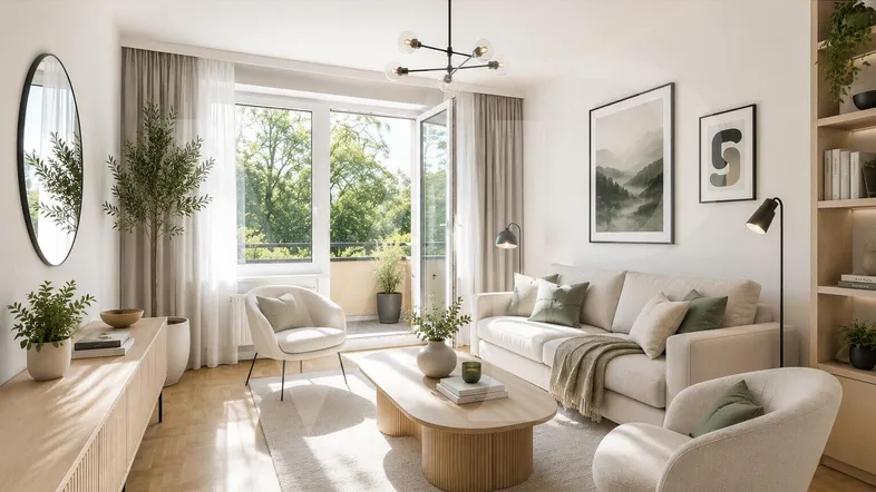 Helles Wohnzimmer mit modernem Design, Holzboden und Zugang zu einem Balkon mit Grünblick.
