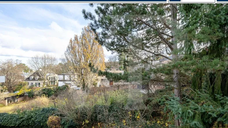 Blick auf eine grüne Wohngegend mit Bäumen und Häusern unter einem bewölkten Himmel.