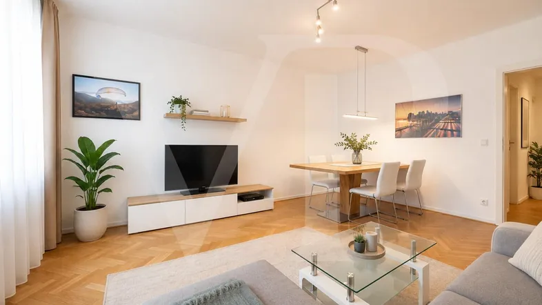 Helles Wohn- und Esszimmer mit modernem Design, Parkettboden und viel Tageslicht.