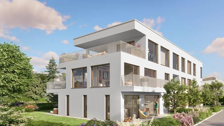 Moderne Wohnanlage mit weißer Fassade, großen Fenstern und Balkonen in grüner Umgebung.