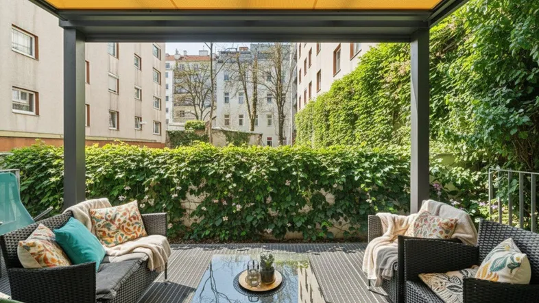 Gemütliche Terrasse mit Sitzgelegenheiten und grüner Bepflanzung im Innenhof.