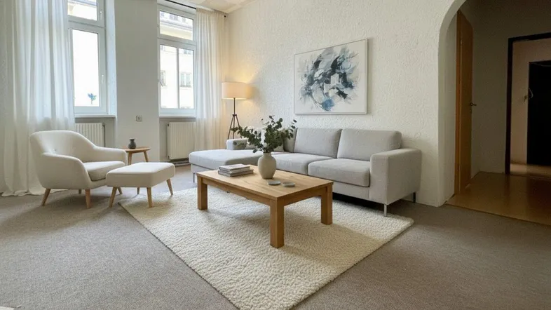 Helles Wohnzimmer mit beigem Teppichboden, moderner Einrichtung und Bogen zum Flur.