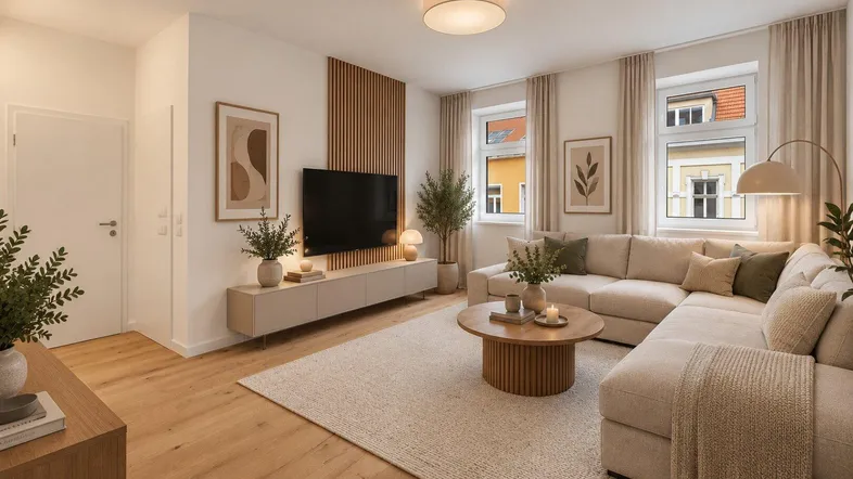 Helles und modern eingerichtetes Wohnzimmer mit beigem Ecksofa, Holzboden und dekorativer Wandverkleidung.