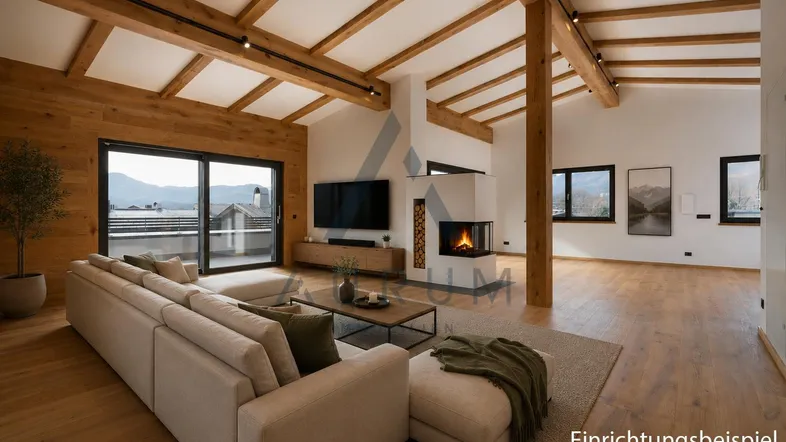 Geräumiges Wohnzimmer mit Holzbalken, modernem Kamin und Zugang zu einem Balkon mit Bergblick.