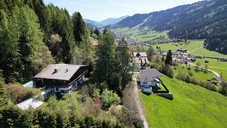 Luftaufnahme von Häusern in einem grünen Tal, umgeben von Wäldern und Bergen.