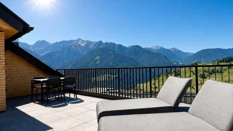 Große Sonnenterrasse mit bequemen Liegestühlen und Esstisch, umgeben von einer beeindruckenden Berglandschaft.