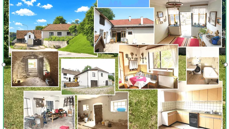 Collage zeigt rustikale Innenräume, eine traditionelle Küche, ein Badezimmer und Außenansichten eines alten Gebäudes mit Garten.