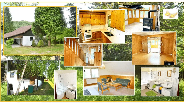 Kollage verschiedener Ansichten des Hauses, inklusive Innen- und Außenbereichen mit Holzvertäfelung.