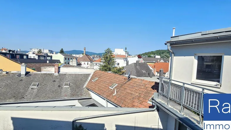 Weitläufige Dachterrasse mit Blick über die Dächer der Stadt und umliegende Gebäude unter blauem Himmel.