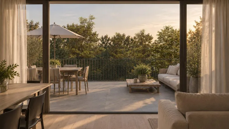 Helles Wohnzimmer mit großen Schiebetüren, die sich zu einer möblierten Terrasse mit Blick ins Grüne öffnen.