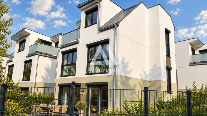 Modernes Reihenhaus mit weißer Fassade, großen Fenstern und einer möblierten Terrasse.