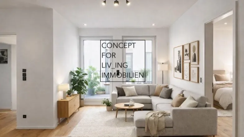Helles Wohnzimmer mit modernem Sofa, Holzboden und Zugang zum Balkon.