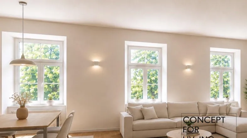 Heller Wohn- und Essbereich mit beigem Sofa, Esstisch und Blick ins Grüne durch große Fenster.
